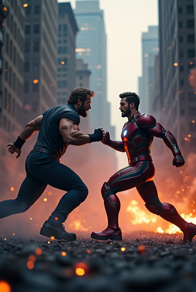 (action-packed scene of two superheroes fighting), (dynamic poses) Chris Hemsworth and Tony Stark, (dark color scheme) engulfed in shadows, (detailed city background) towering buildings and dusky skies, (dramatic lighting) highlighting intensity of battle, (high quality) 4K, (vibrant hit effects), (cinematic atmosphere) engaging and thrilling.