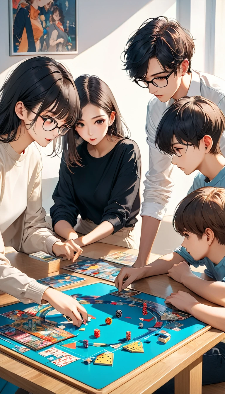 Two boys and girls playing board games,graphic design,Poster,Modern minimalist style, (best quality,4K,8k,high resolution,masterpiece:1.2),Extremely detailed。