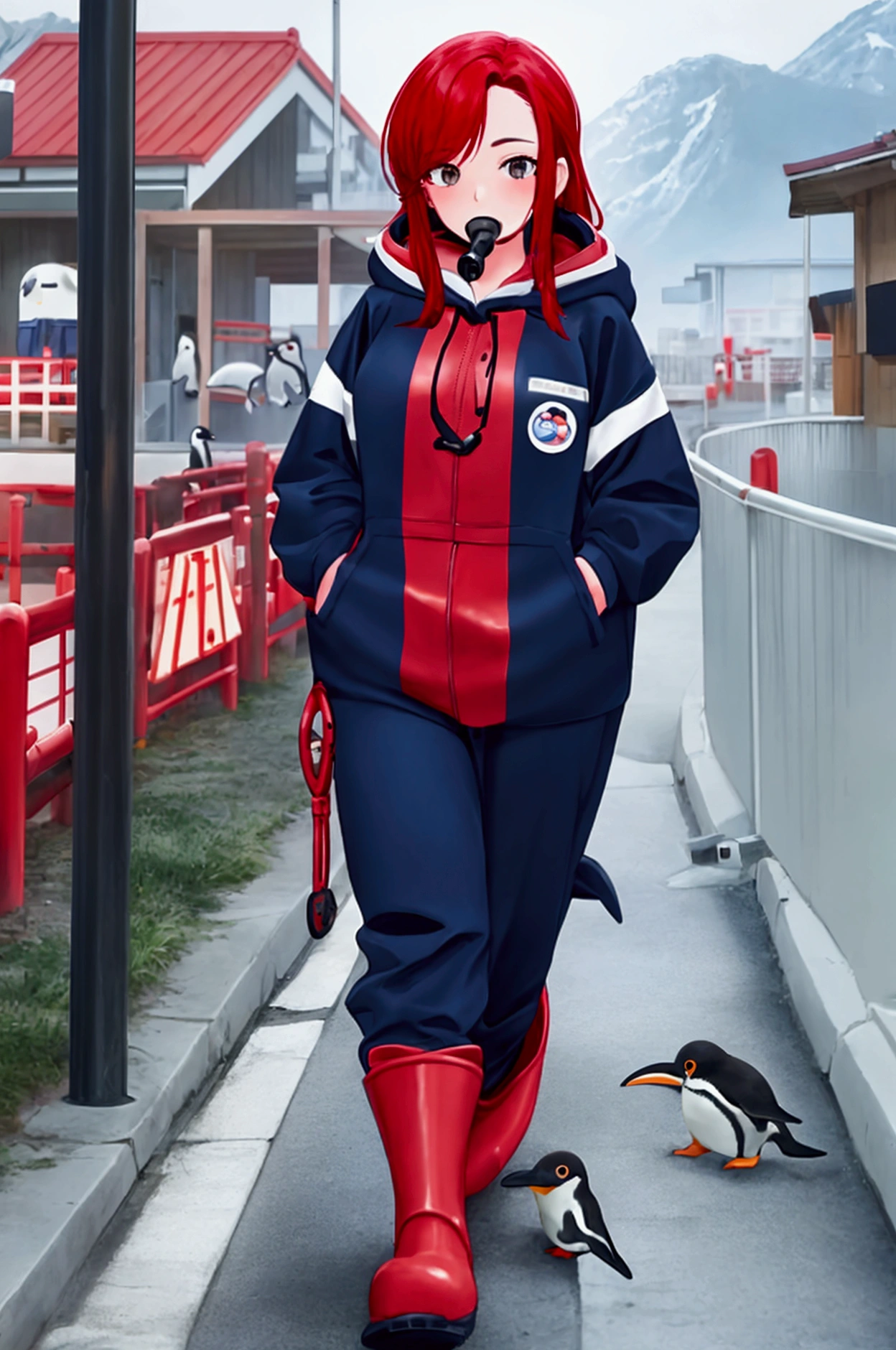 Walking with penguins at the aquarium, cute 20-year-old girl, medium-length red hair, Funny Coverall, looking like she's having fun, holding a whistle in her mouth, wearing rain boots,blue penguin hoodie, cute scenery,Japanese anime