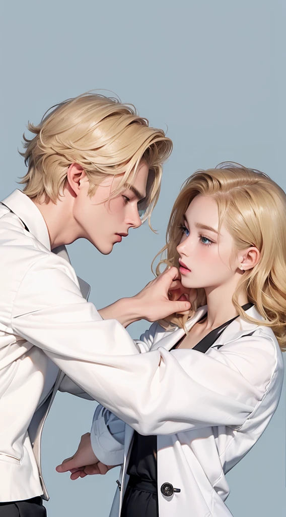 Upper Body,(一个帅气的blond欧美男子壁咚一个20岁的欧美女模特),blond,Wave Curls,A boy,A girl,Boys wearing white shirts,Black suit pants,Girl wearing white coat,Black dress,(Blue Eyes:1.2),muscular,Caucasian ethnicity,Atmosphere,High Detail,Standing,The background is the laboratory