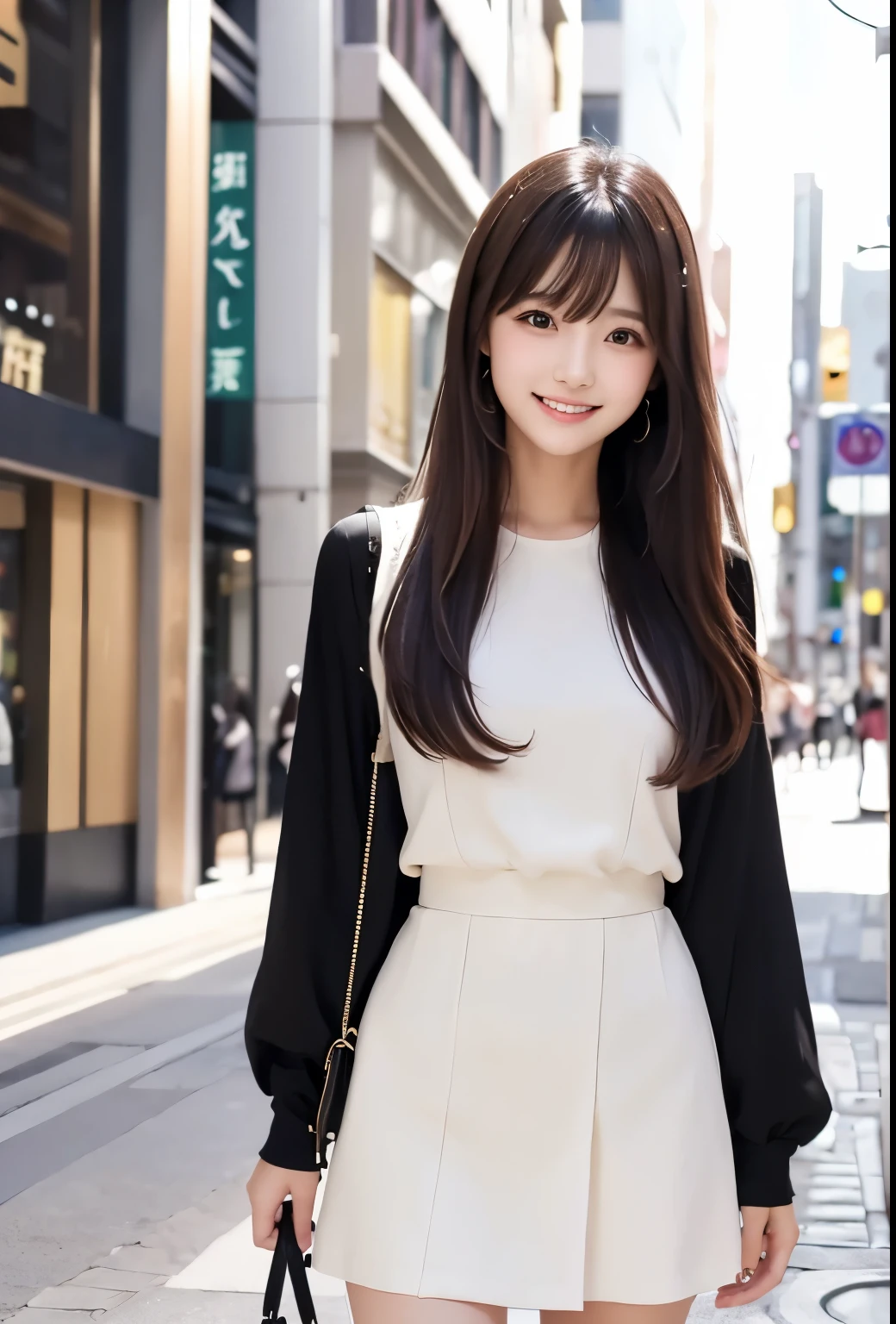 masterpiece、Highest quality、whole body、One Girl、bangs、Japanese、Long Black Hair、long hair、port、Asahi、smile、alone、Stylish woman、Pastel colored outfits、front、Luxury background elements、Confident expression、Modern and trendy、Fashion focused
