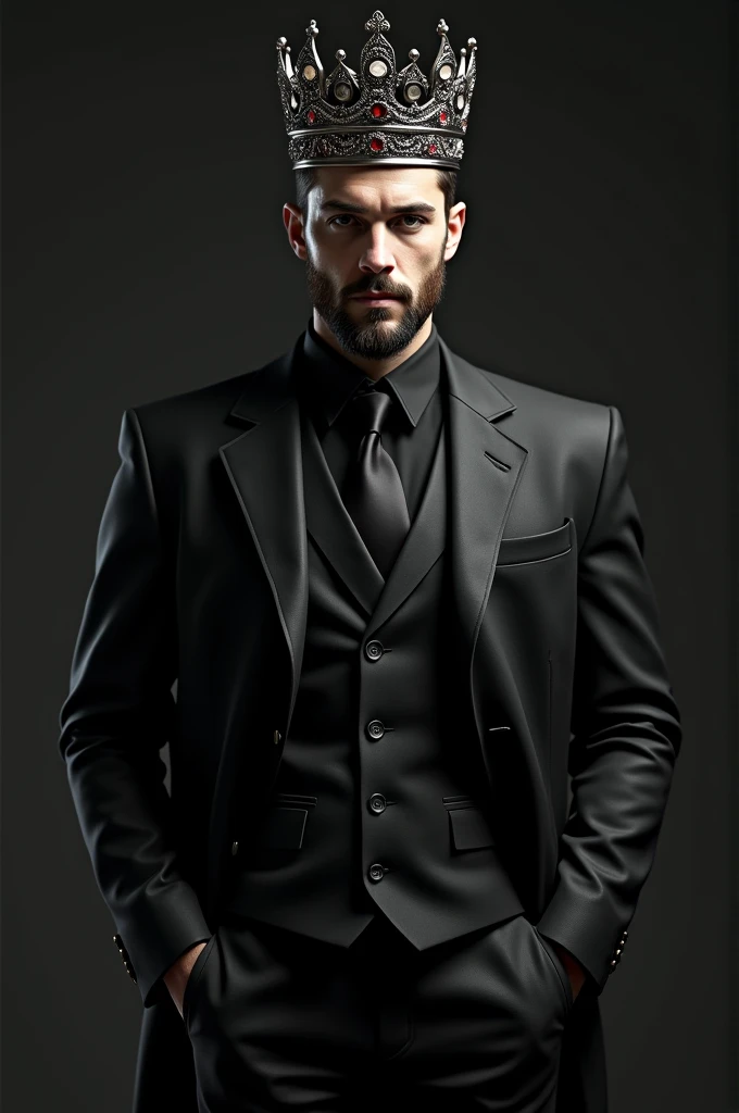 He was dressed in a black jacket and black pants and wore a crown