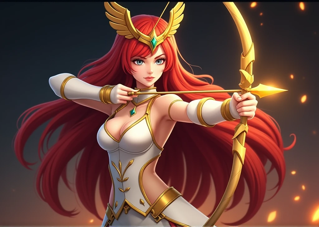 A photo of a female character with long, flowing red hair. She is wearing a golden tiara with wings and a white and gold outfit. The outfit consists of a corset-like top, arm guards, and a skirt. The character is holding a golden bow and arrow, ready to shoot. The background is dark, with sparks or embers floating around, adding a dramatic effect.