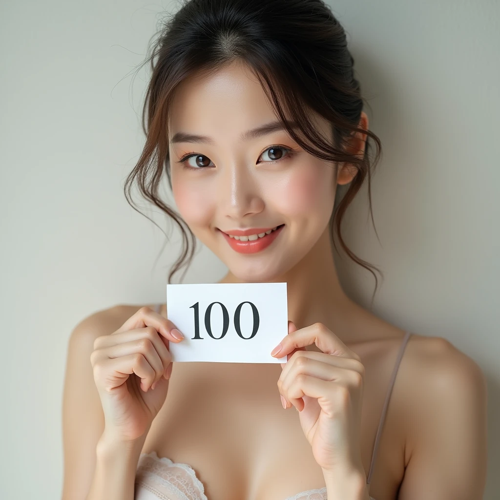 Asian Beauty， Clear skin texture，(Sweaty body stockings:1.2)，Holding a sign, This sign says"100" ，Ultra-high-resolution photos