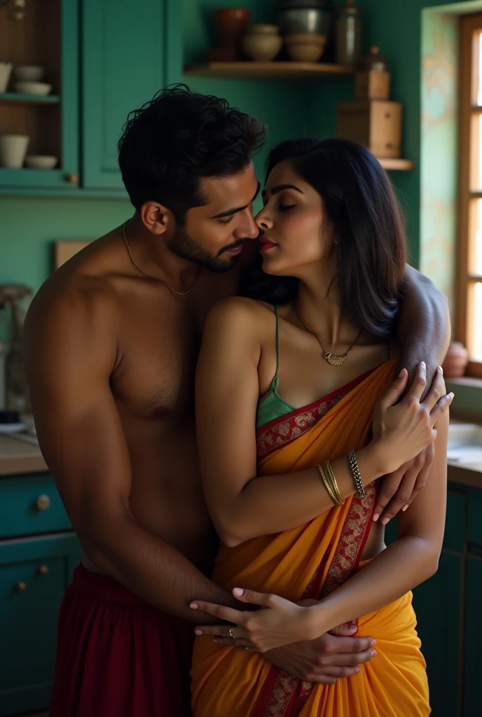 indian woman and her husband having sex in kitchen, humble home, teal wall, romantic sex, husband hugging from behind and grabbing breast, nsfw, wife facing the camera, her sari is off her soulder