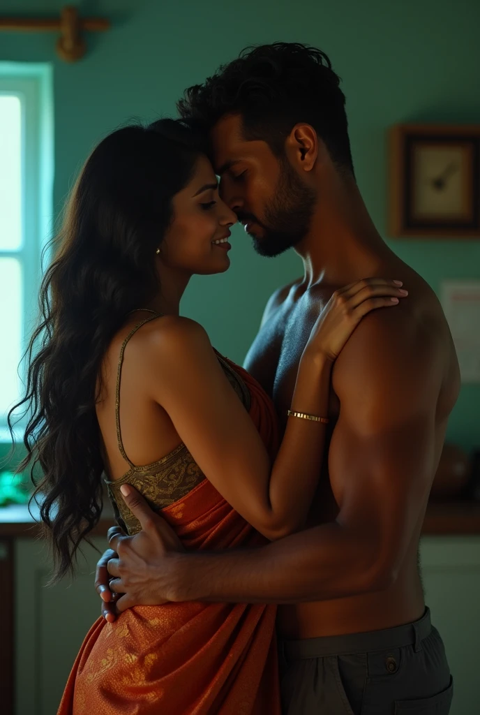 Create a realistic photograph of a smiling and beautiful indian actress in red satin carrying a large man on her shoulders in a room, man is sitting on top of her shoulders , man on top, woman at bottom