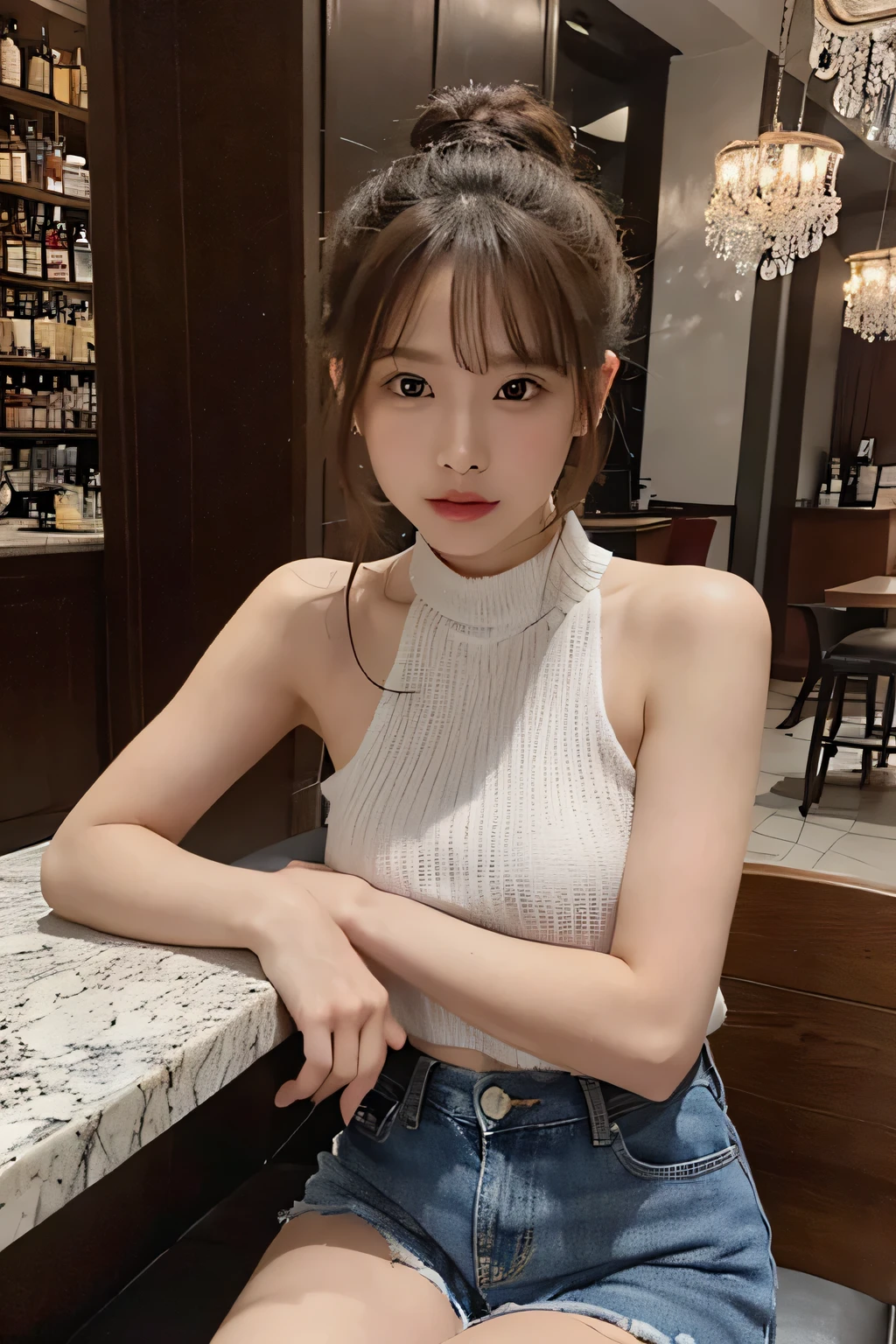 Photo of an attractive woman sitting in the back area of a modern, luxury restaurant, wearing denim shorts and a sleeveless top with a high neck, drinking a beer, with her brunette hair in a bun, big brown eyes, a full-body shot, looking into the camera, in natural lighting, shot on an iPhone Pro Max, in the style of an Instagram influencer. --ar 3:4