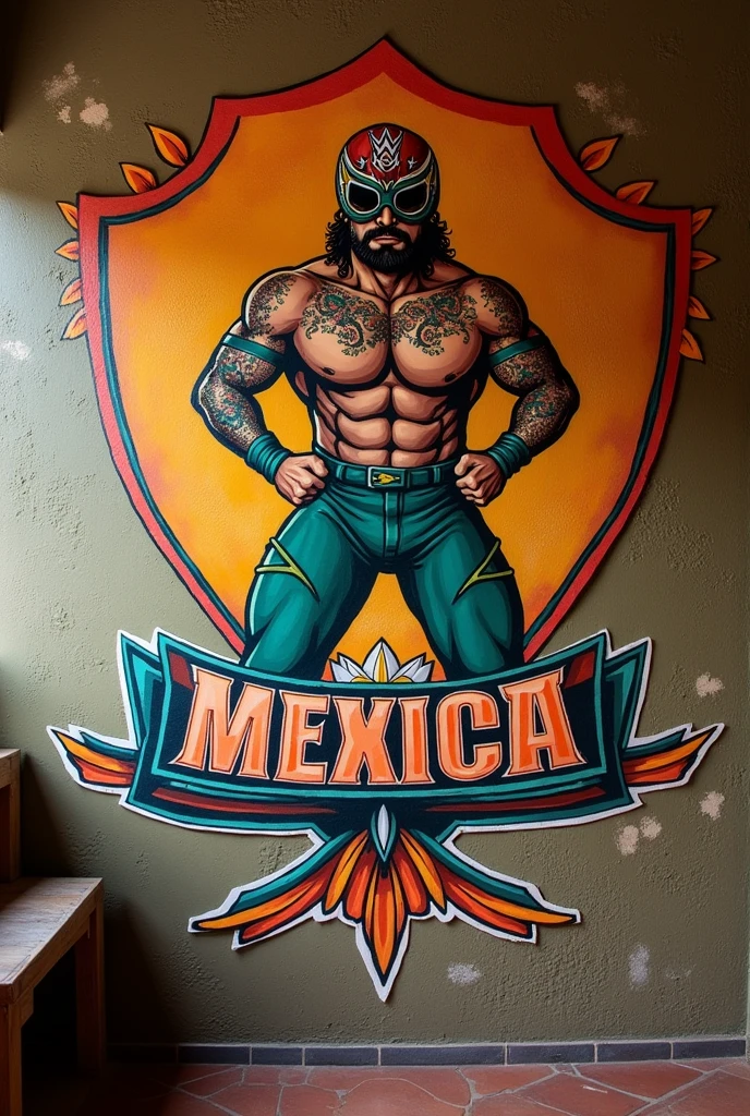 Decorate a wall with a Mexican wrestling theme, no character just decoration, for streaming show, be creative, simple but beautiful