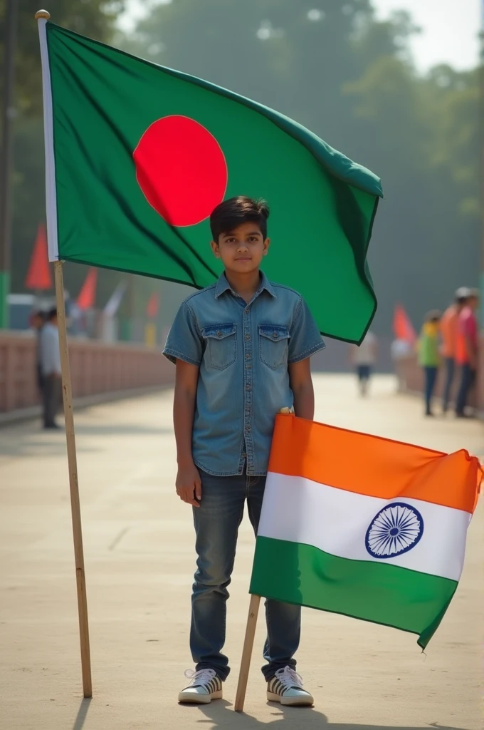 A bangladeshi student with bangladesh flag, and A Indian flag is down of his foot
