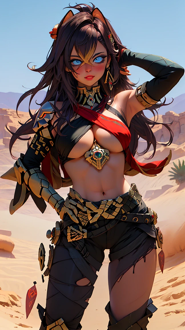 (masterpiece:1.2), best quality, high resolution, unity 8k wallpaper, (illustration:0.8), (beautiful detailed eyes:1.6), extremely detailed face, perfect lighting, extremely detailed CG, (perfect hands, perfect anatomy), standing, blush, looking at viewer, small boobs, sexy pose, (in a twilight oasis), (ancient desert)