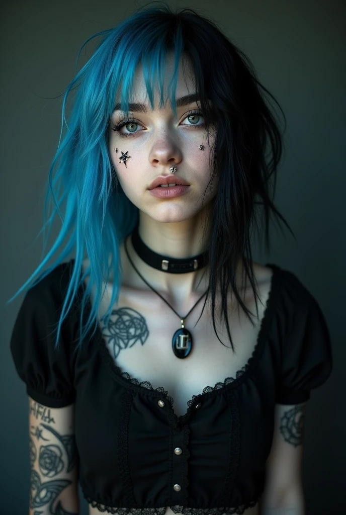 A 2 white-skinned girl
Punk hair from blue to black
With piercings in the left eyebrow and left ear
Wearing a short-sleeved punk gothic blouse
With tattoos on the chest
With the left arm painted matte black