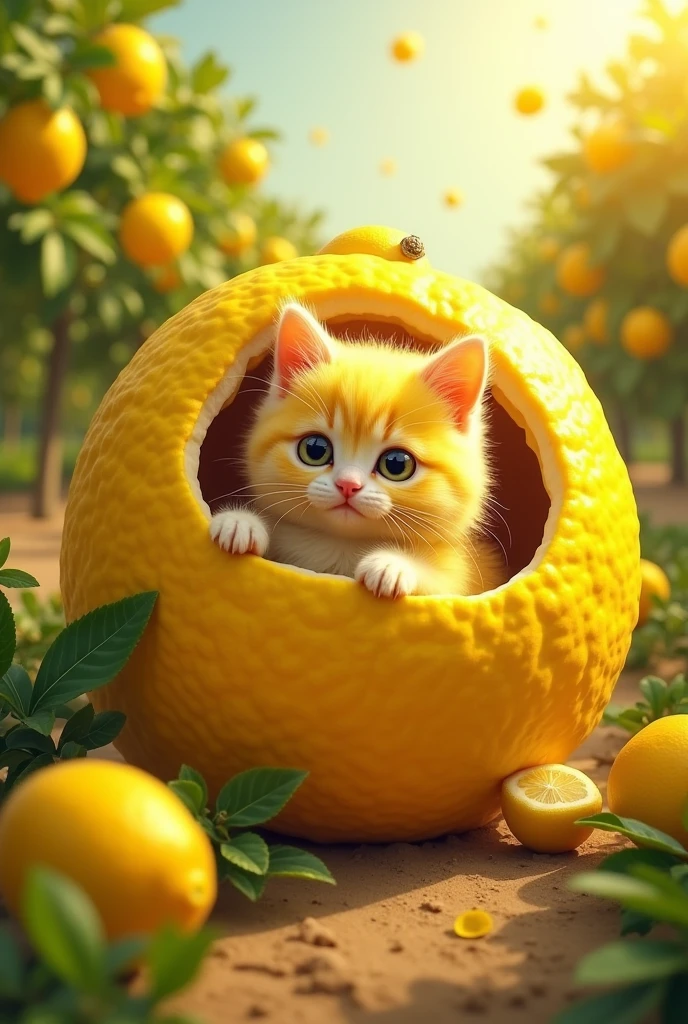 A yellow lemon kitten inside a big lemon background lemon farm