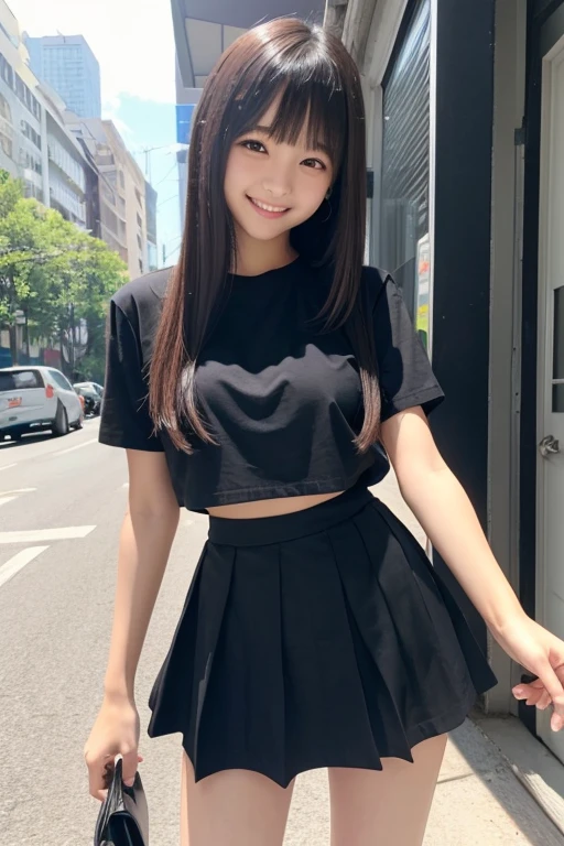 beautiful girl、Black T-shirt,、Pleated mini skirt、smile、、Thin legs、Straight Hair(Has bangs)、