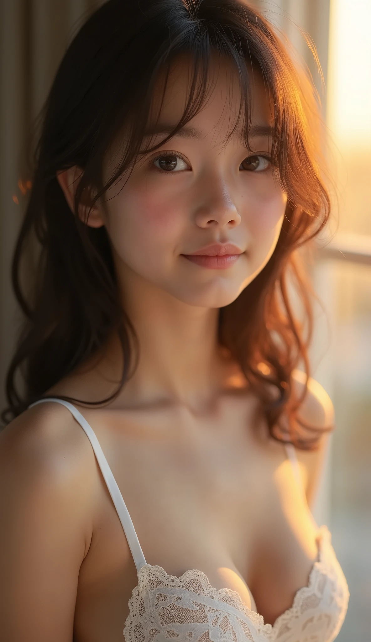 raw photo, 1young girl, kawaii, brown eyes, unique, individual, distinctive face, extremely detailed eye and face, fair skin, lace cute bra, beautiful breasts, upper body, (Best Quality, highly detailed:1.2) High-definition raw color photos, professional photograpy, Realistic portrait, sunset shining through the window, breathtaking beauty, 