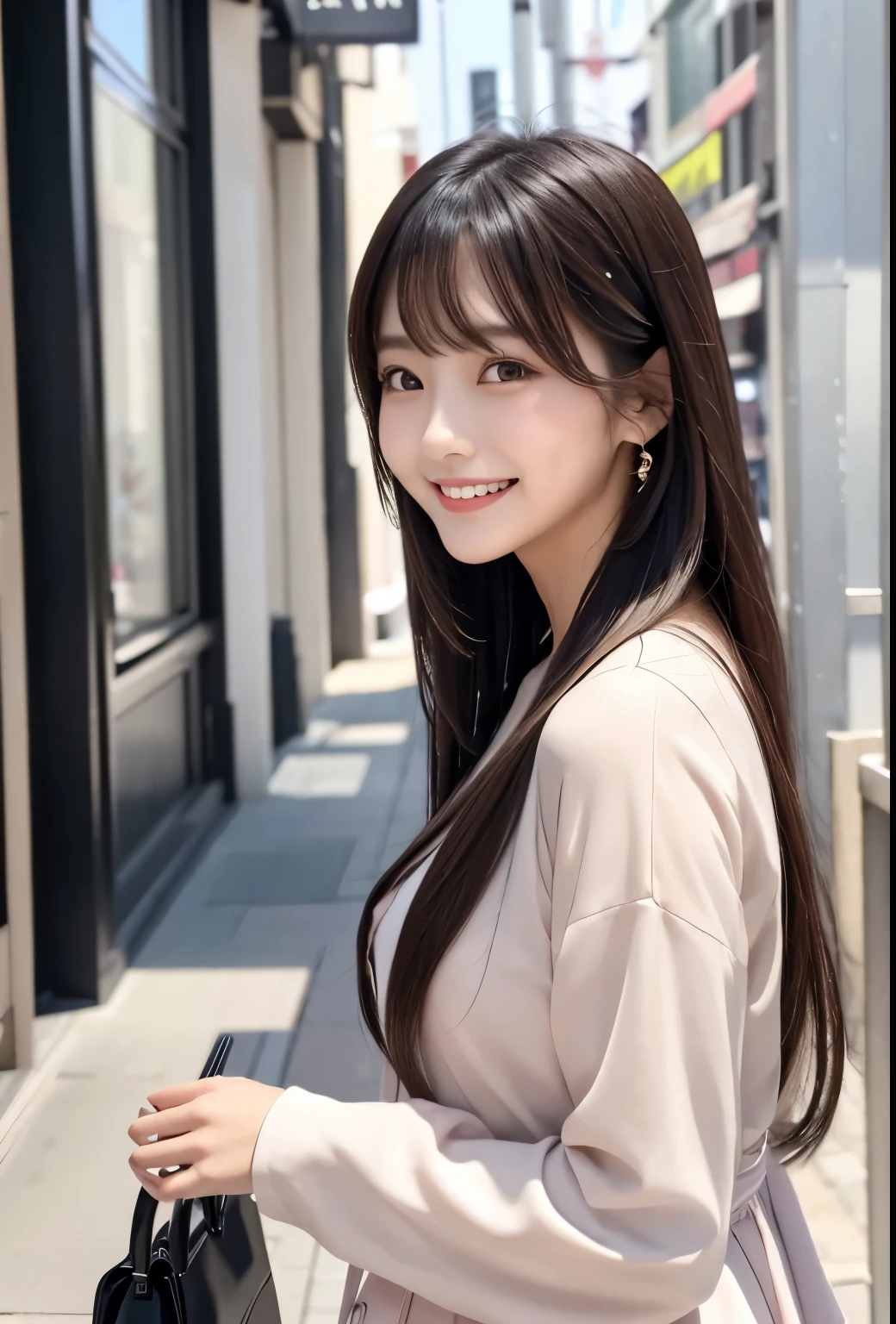masterpiece、Highest quality、whole body、One Girl、bangs、Japanese、Long Black Hair、long hair、port、Asahi、smile、alone、Stylish woman、Pastel colored outfits、front、Luxury background elements、Confident expression、Modern and trendy、Fashion focused