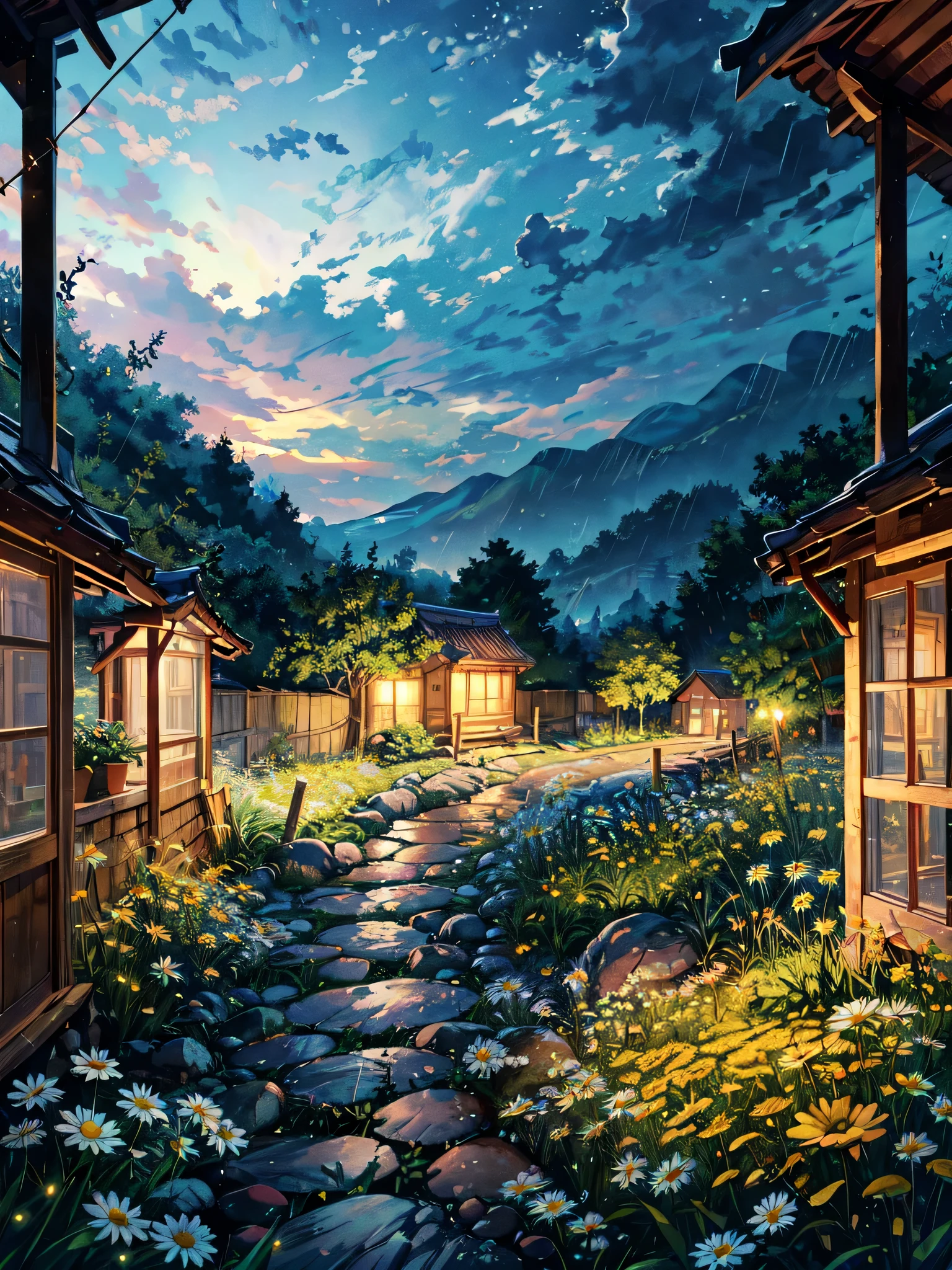 wide view, a yellow hut in countryside, white wooden fencing, yellow daisy fields, chinney, monsoon season, beautiful sky, stone path, vibrant color tones, outdoor dining setup, garden, ghibli style, no humans, scenery, landscape, long grass, outdoors, window, plant pots, masterpiece, high resolution