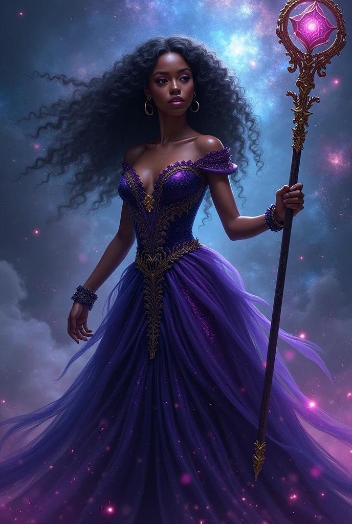 enchantress, skin black, long curly hair, purple and navy blue velvet shimmer dress, long magic stick, galaxy stars