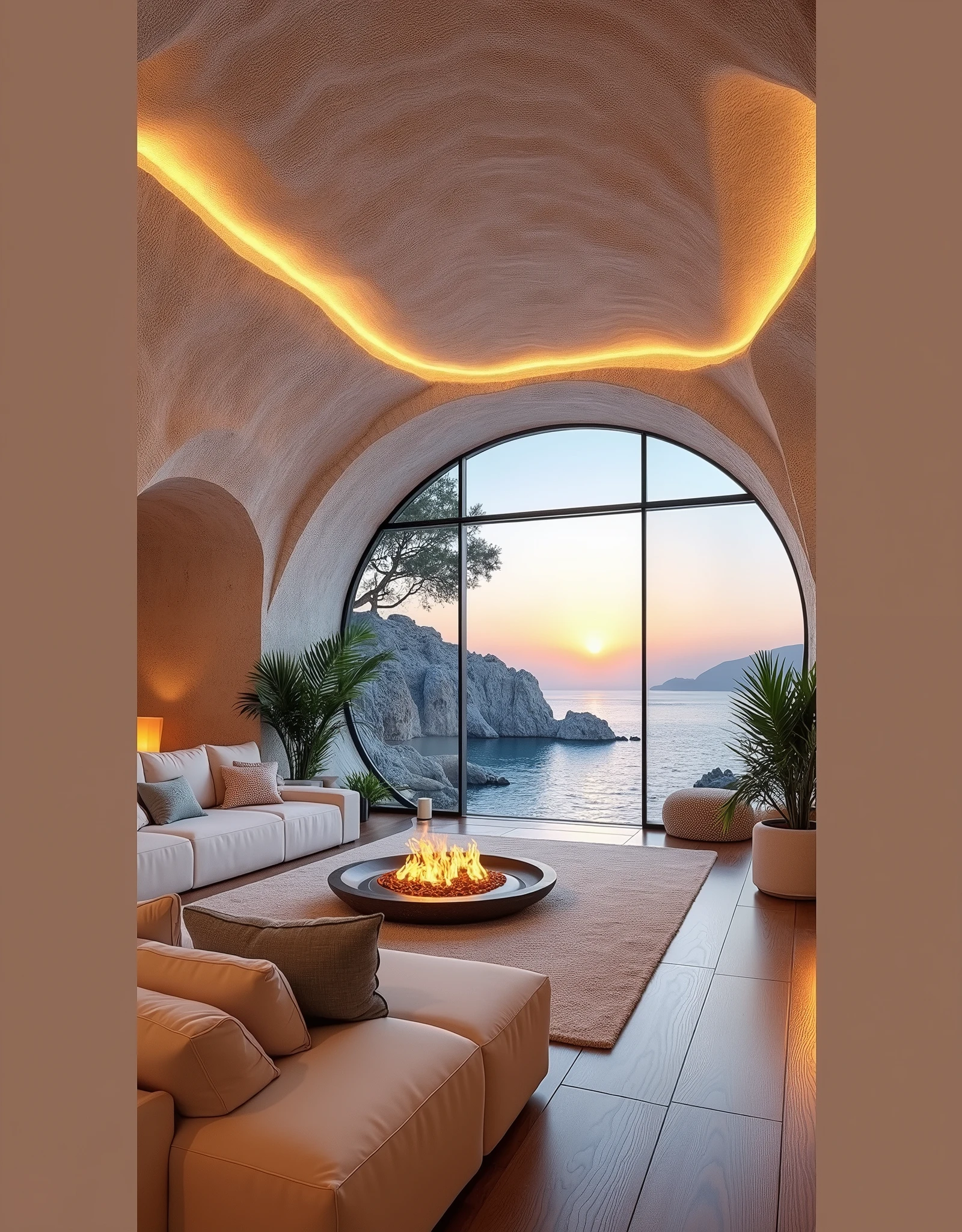 A photo of the interior design, a living room in a cave house overlooking the ocean at sunset. The room features large windows with a view of the rocks and sea, cozy luxurious couches, a fire pit, warm lighting, a modern luxury style, wood floors, many green plants, and neutral tones. This is an example of architectural photography. Best quality. pastel colors.