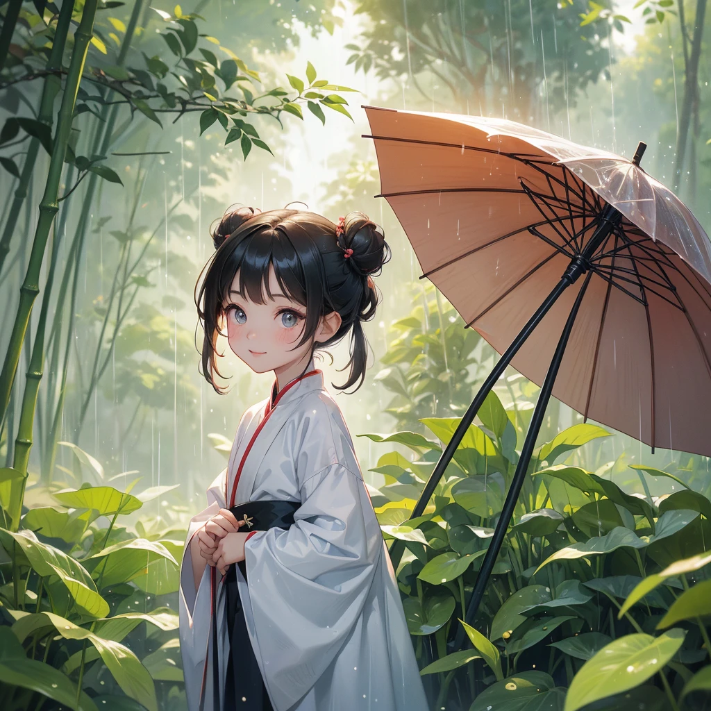 A chibi child girl had a small face and Wearing white little Taoist priest's outfit. A pair of big round eyes shone with curiosity about him. This child was so cute! ,her hair is black with two buns on her hair.small chibi, chibi baby, smiling,The little chibi baby looked up with his chest raised, and his face was old and proud.
The back is a lush green bamboo forest. The air after rain has water droplets splashing around.
Stand holding an umbrella to protect from the rain. Rain fell and splashed around. There are water droplets falling on the leaves in the surrounding area, green and moist, the atmosphere after rain.