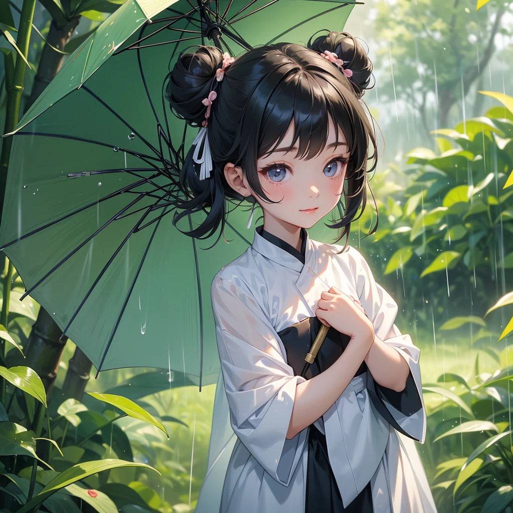 A chibi child girl had a small face and Wearing white little Taoist priest's outfit. A pair of big round eyes shone with curiosity about him. This child was so cute! ,her hair is black with two buns on her hair.small chibi, chibi baby, smiling,The little chibi baby looked up with his chest raised, and his face was old and proud.
The back is a lush green bamboo forest. The air after rain has water droplets splashing around.
Stand holding an umbrella to protect from the rain. Rain fell and splashed around. There are water droplets falling on the leaves in the surrounding area, green and moist, the atmosphere after rain.