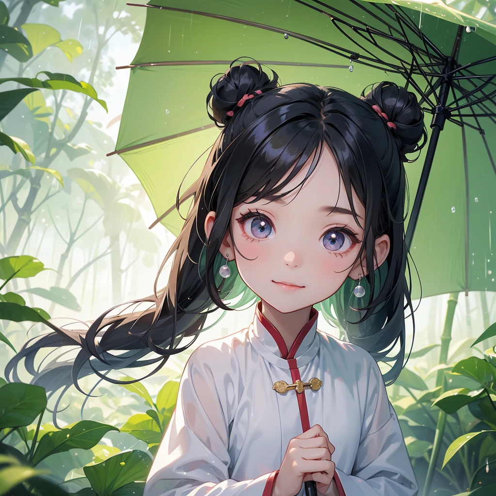 A chibi child girl had a small face and Wearing white little Taoist priest's outfit. A pair of big round eyes shone with curiosity about him. This child was so cute! ,her hair is black with two buns on her hair.small chibi, chibi baby, smiling,The little chibi baby looked up with his chest raised, and his face was old and proud.

The back is a lush green bamboo forest. The air after rain has water droplets splashing around.

Stand holding an umbrella to protect from the rain. Rain fell and splashed around. There are water droplets falling on the leaves in the surrounding area, green and moist, the atmosphere after rain.