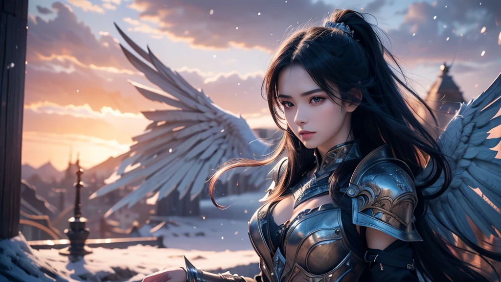 Close-up of woman holding sword and armor, Armor Girl, 2. 5D CGI anime fantasy artwork, Large Breasts，Epic fantasy digital art style, detailed Digital 2D fantasy art, Digital 2D fantasy art, original photo, (best quality:1.3), high resolution, (masterpiece), (lifelike:1.4), Professional photography, Be focused, High Dynamic Range, 8K resolution, Intricate details, Fine details, Depth of Field, Extremely detailed CG unified 8k wallpaper, masterpiece，poster，best quality，Official Art，（Beauty and aesthetics：1.2），（masterpiece：1.3），miss，Personal，Light Leather Armor，Complex Mode，winter，Snow Mountain，Medium distance photography，（midnight），dramatic，Glowing Wings，
