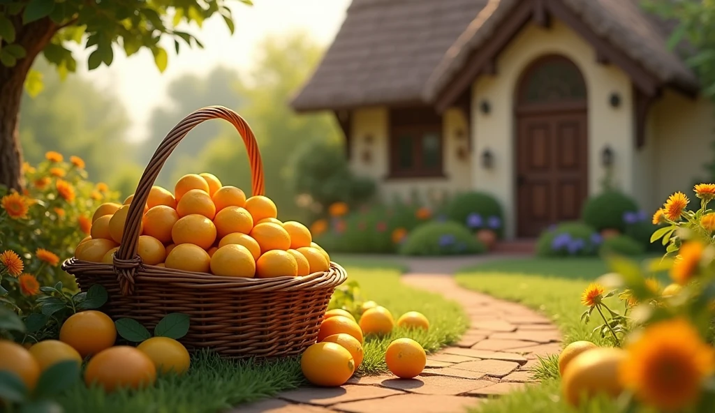 A gleaming basket of golden fruits placed outside a quaint house with a surprised and delighted Sam discovering it.
