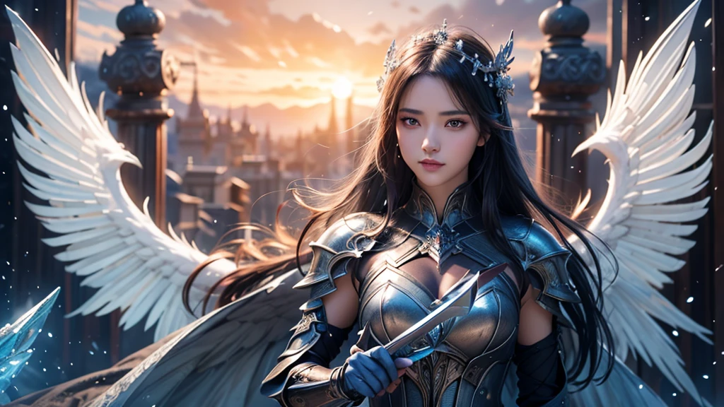 Close-up of woman holding sword and armor, Armor Girl, 2. 5D CGI anime fantasy artwork, Large Breasts，Epic fantasy digital art style, detailed Digital 2D fantasy art, Digital 2D fantasy art, original photo, (best quality:1.3), high resolution, (masterpiece), (lifelike:1.4), Professional photography, Be focused, High Dynamic Range, 8K resolution, Intricate details, Fine details, Depth of Field, Extremely detailed CG unified 8k wallpaper, masterpiece，poster，best quality，Official Art，（Beauty and aesthetics：1.2），（masterpiece：1.3），miss，Personal，Light Leather Armor，Complex Mode，winter，Snow Mountain，Medium distance photography，（midnight），dramatic，Glowing Wings，