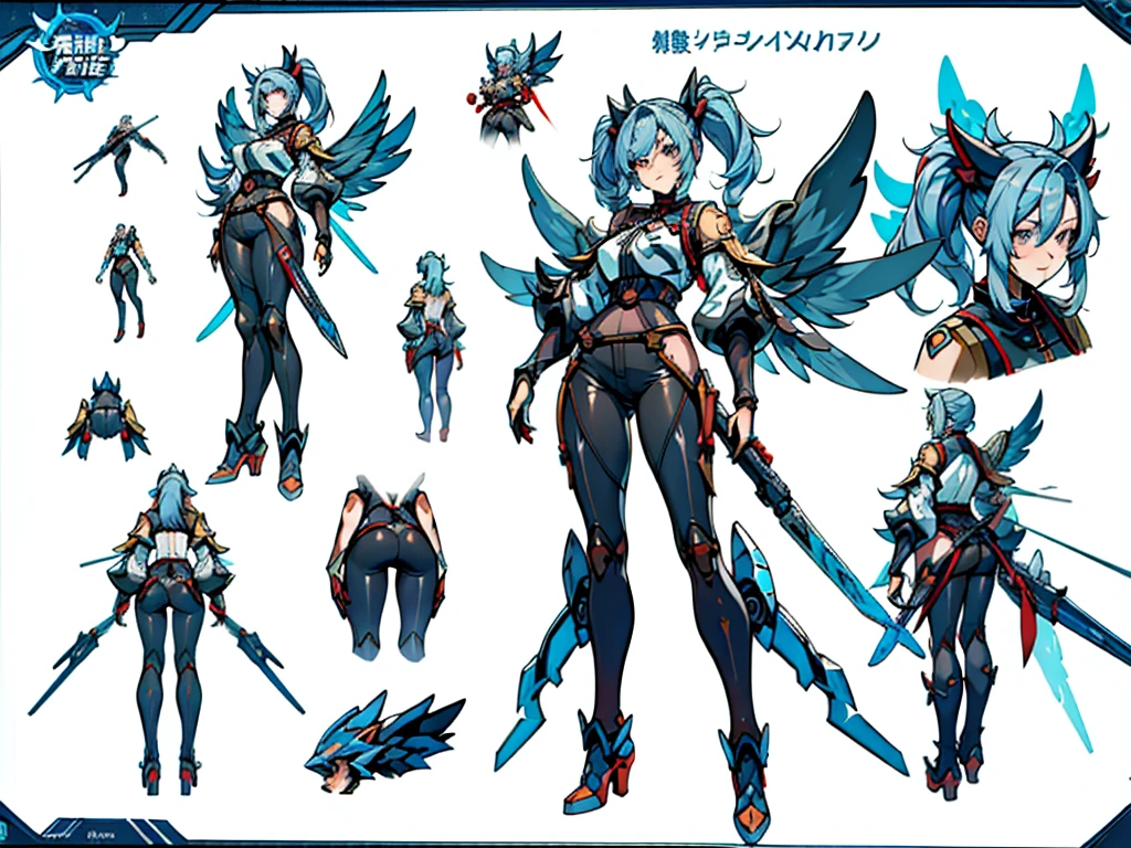 Close-up of a girl in a mecha costume, mecha musume ((character concept art)), ((character design sheet, same character, front, side, back)) maple story character art, video game character design, video game character design, maple story mechs girl, expert high detail concept art, metal bullet concept art, chubby character design, gigantic twintails, gravity rush inspiration, detailed gear, Mecha wings, Concept art, belt buckle at waist, gigantic laser weapon, large mecha wings