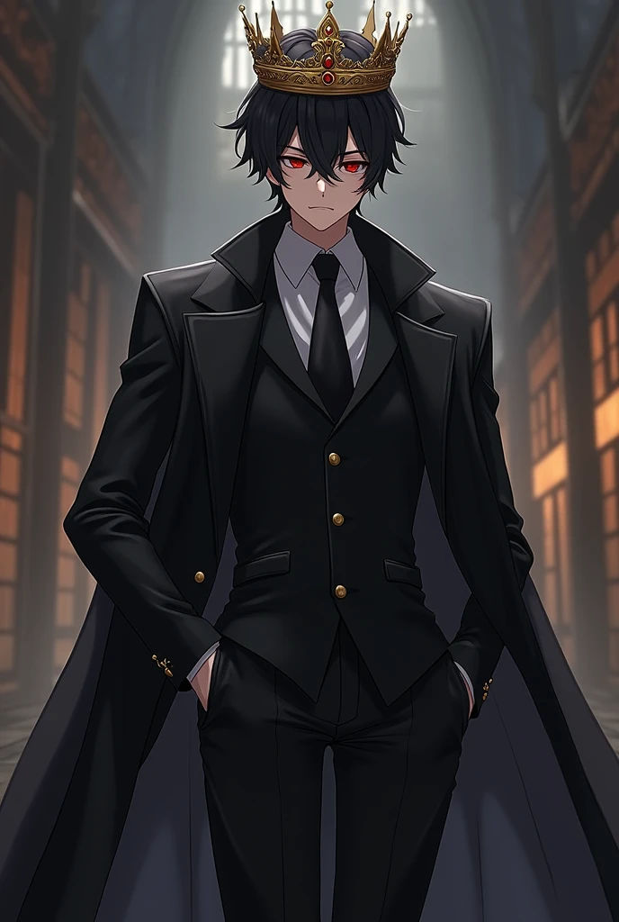 He was dressed in a black jacket and black pants and wore a crown He is dressed in anime