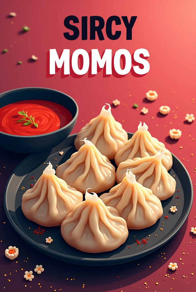 Make a banner momos write a slogan yammy and tasty ever you love colour dark pink and black paste some little momos with spicy souce