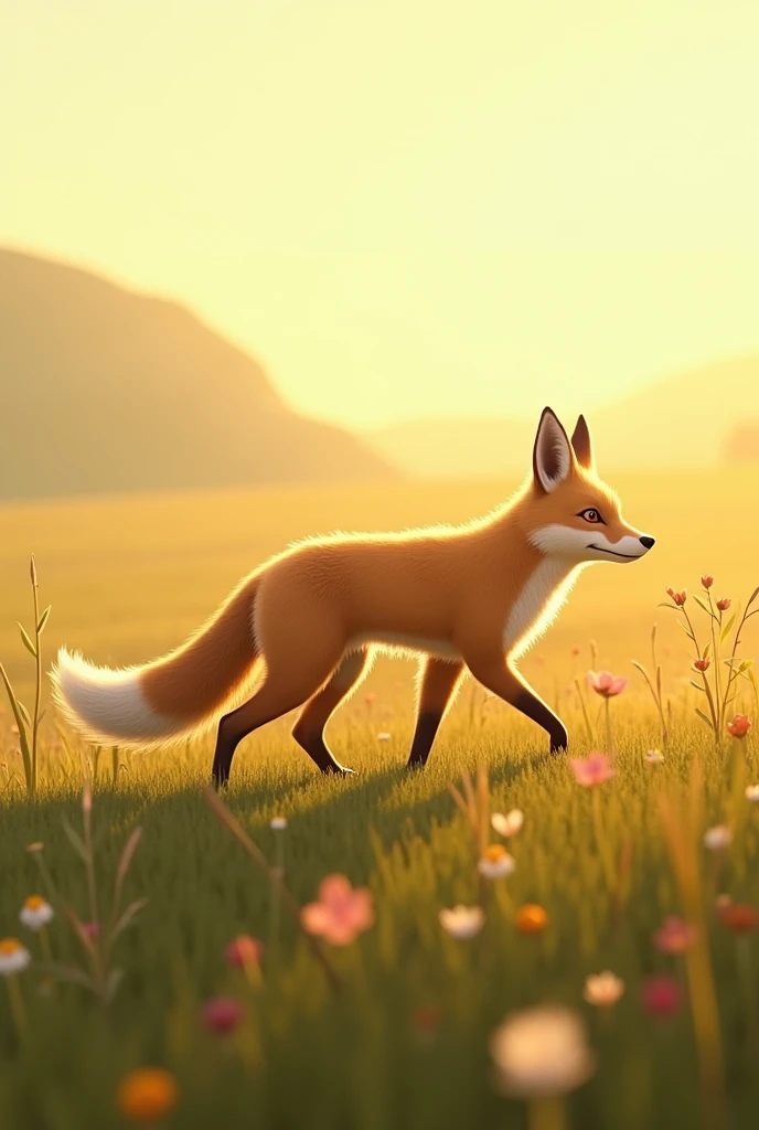 A Corsac Fox walking in a Field on all Four paws.