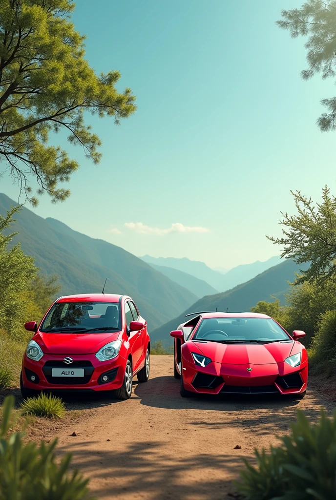 Maruti Alto car or laborgini car ka ek sath pic banavo red colour me ... baground neture ke bichh ho