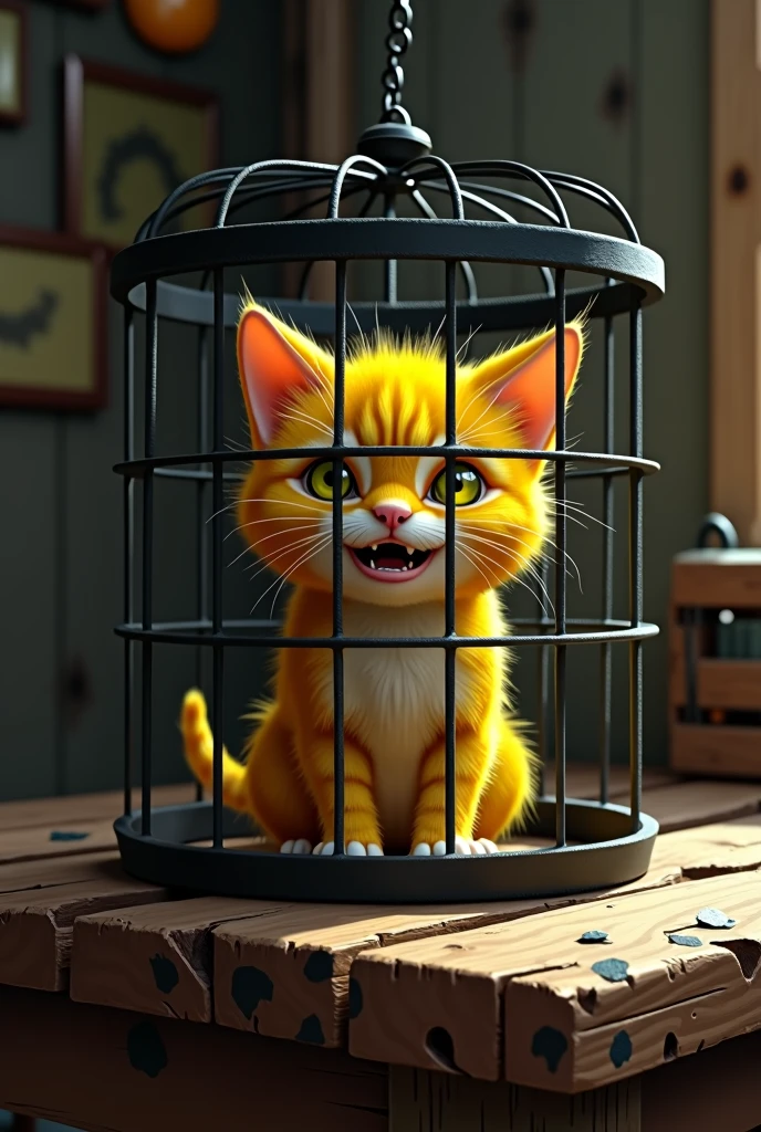 A yellow lemon kitten inside a black metal cage inside a farmer's house the cage is placed on a wooden table the yellow lemon kitten is crying with tears