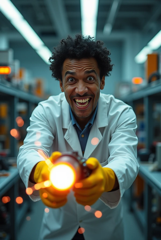 photo of a thin male scientist with short curly black hair wearing a chemical lab coat and safety gloves smiling widely like a psychopath while holding an electromagnetic pulse gun that is on in an electric power research laboratory, the photo was taken from directly above and highlights the face down to the feet