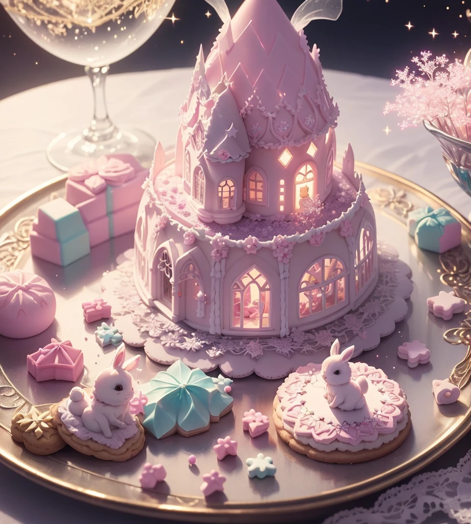 Create gorgeous handmade cookies that fit together like a puzzle in the forest Candy Castle Fairy World chocolate A soft light shines through Delicate lace and ribbon Light color gem lame Photon Mapping High Contrast Diamond particles antique The color is pink and white Cookie Puzzle cute Sparkling Star Fragment Multiple Exposure A little rabbit is playing happily