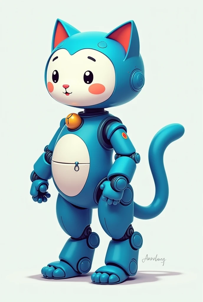 Draw a blue cat robot, Make them bipedal, Walk on two legs, Put a bell on the collar, Whiten the face and belly, Put a pocket on your belly.
I laughed and made my hands and feet white and my tail red.