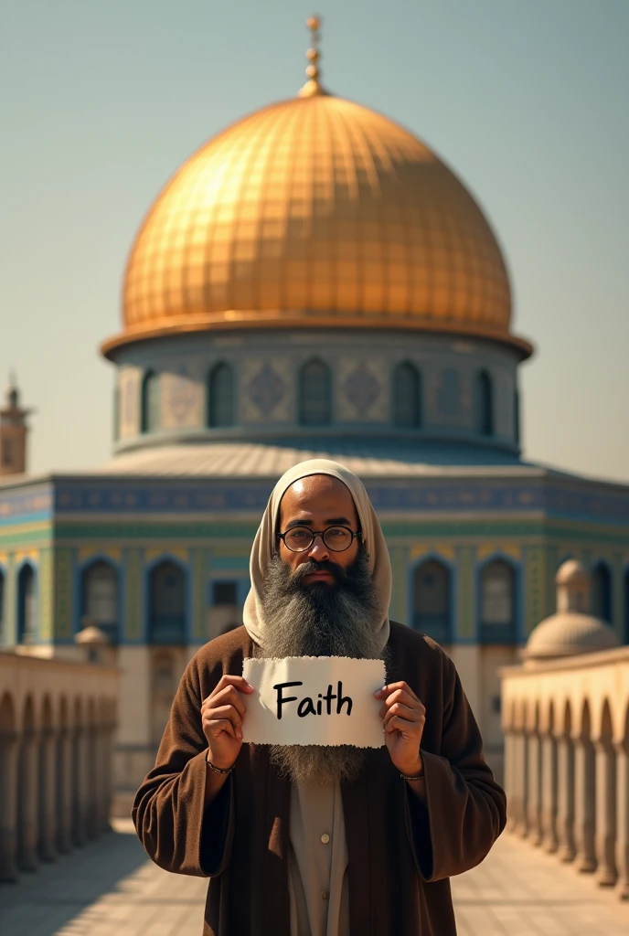 A person standing in front of the Dome of the Al-Aqsa Mosque in Palestine holding a piece of paper with faith written on it