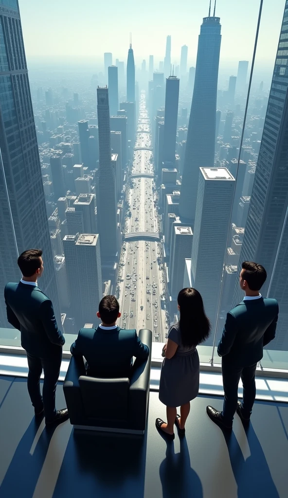 5 people staring off a sky rise building down at a busy corporate city the 2 men standing 1 sitting in chair and 2 women standing