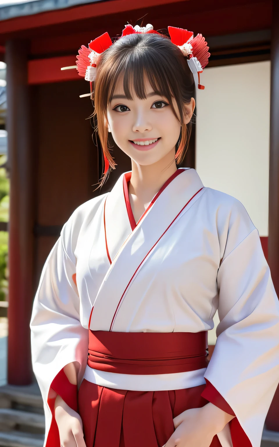 Beauty, high quality, Complete, In detail, High resolution, 8k wallpaper, whole body, Perfect dynamic composition, Beautiful attention to detail, Random poses, Charm, Alluring, 20 year's old, round face, miko, white kimono, (((red hakama))), shrine maiden clothes, smile、