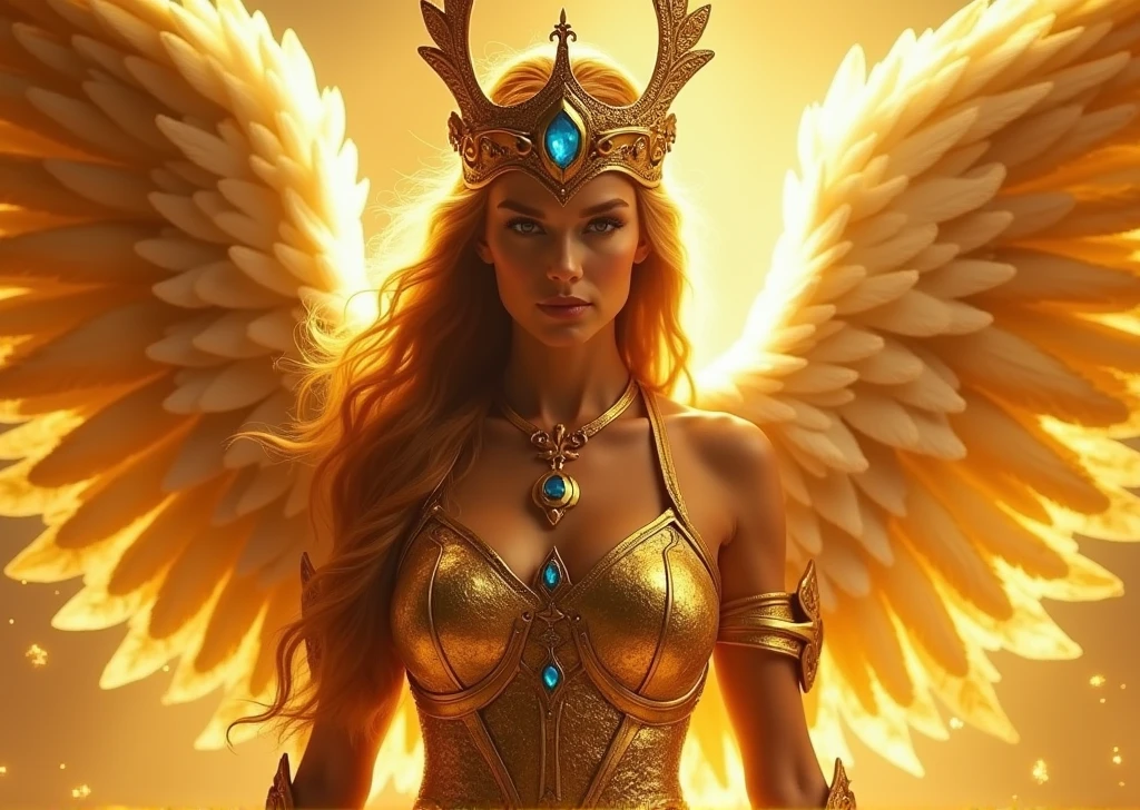A photo of a majestic female figure adorned in golden armor, complemented by a crown featuring intricate designs and a prominent blue gem. She possesses expansive, feathered wings that radiate a golden hue. The background is ablaze with a golden light, accentuating the ethereal aura of the character. Her gaze is intense and focused, suggesting a sense of purpose or determination.