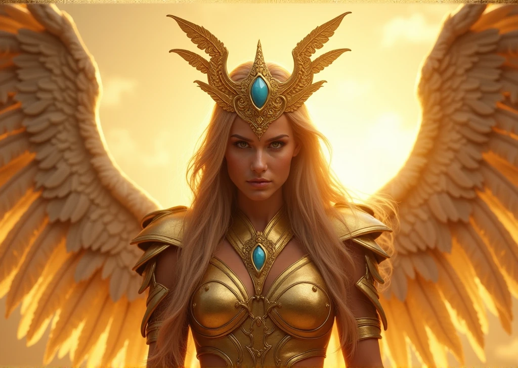 A photo of a majestic female figure adorned in golden armor, complemented by a crown featuring intricate designs and a prominent blue gem. She possesses expansive, feathered wings that radiate a golden hue. The background is ablaze with a golden light, accentuating the ethereal aura of the character. Her gaze is intense and focused, suggesting a sense of purpose or determination.