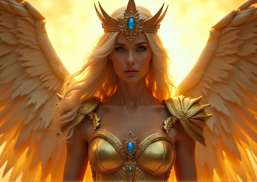 A photo of a majestic female figure adorned in golden armor, complemented by a crown featuring intricate designs and a prominent blue gem. She possesses expansive, feathered wings that radiate a golden hue. The background is ablaze with a golden light, accentuating the ethereal aura of the character. Her gaze is intense and focused, suggesting a sense of purpose or determination.