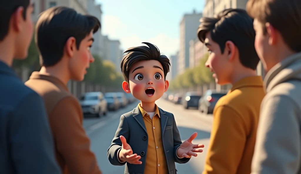Create A 1 boy try to talking with 4 peoples who standing Infront of his , the boy opening his hands and try to explain something, background is a normal road, 8k very ultra realistic