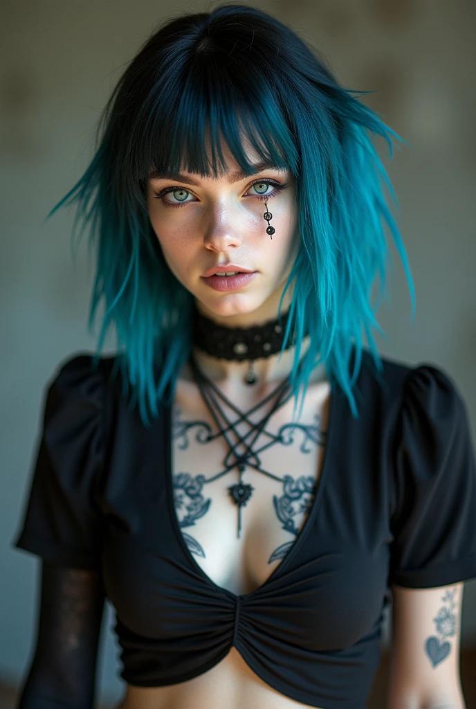 A 2 white-skinned girl
Punk hair from blue to black 
With piercings in the left eyebrow and left ear
Wearing a short-sleeved punk gothic blouse 
With tattoos on the chest  
With the left arm really painted matte black 
With the left arm really painted matte black 