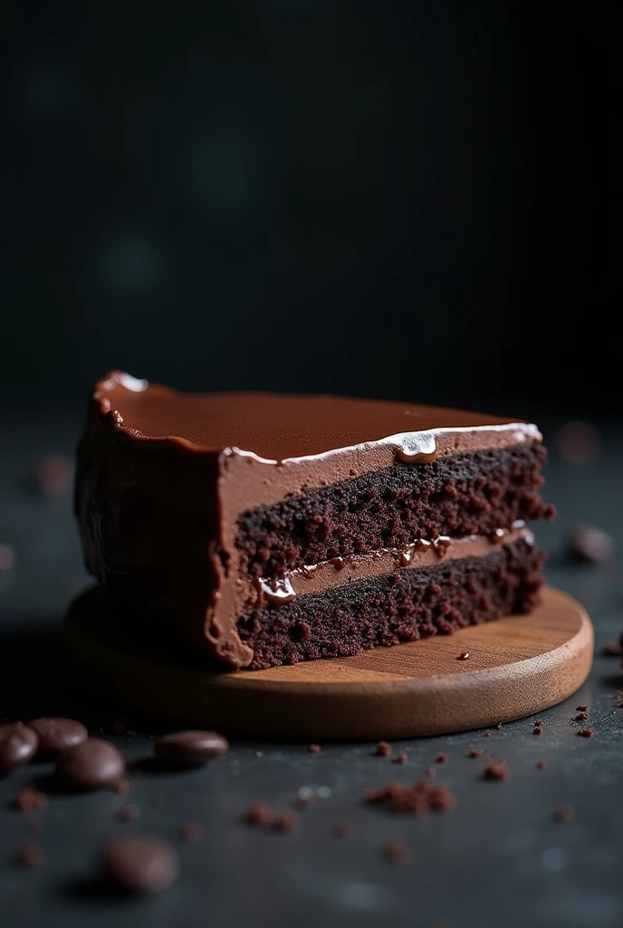 cinematic film still chocolate, chocolate cake, dark background, quality photo, moist texture, frosting, studio photo, slice . shallow depth of field, vignette, highly detailed, high budget, bokeh, cinemascope, moody, epic, gorgeous, film grain, grainy