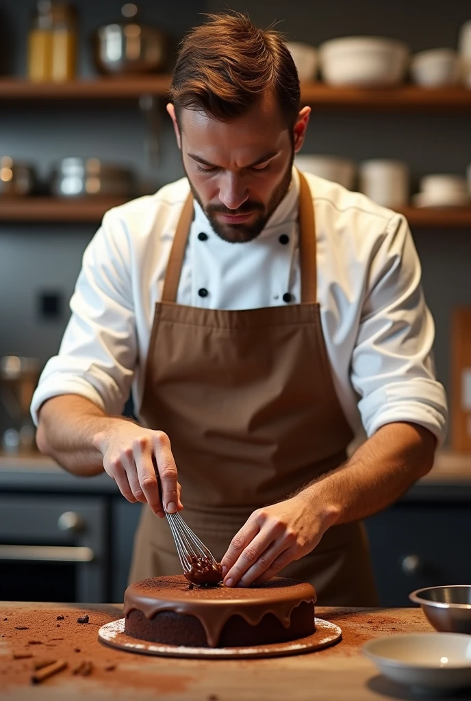 Male Chef  who making chocolate cake 