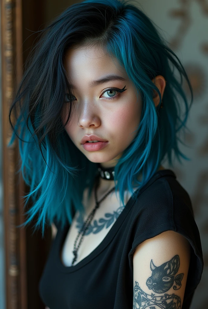 A 2 white-skinned girl
Punk hair from blue to black 
With piercings in the left eyebrow and left ear
Wearing a short-sleeved punk gothic blouse 
With tattoos on the chest  
With the left arm really painted matte black 
With the left arm really painted matte black 