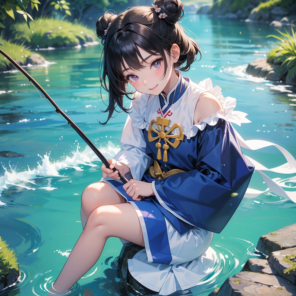 A chibi child girl had a small face and Wearing white little Taoist priest's outfit. A pair of big round eyes shone with curiosity about him. This child was so cute! ,her hair is black with two buns on her hair.small chibi, chibi baby, smiling,The little chibi baby looked up with his chest raised, and his face was old and proud.

Sitting fishing next to a green stream, a blue river full of fish. flowing slowly