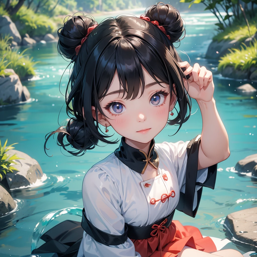 A chibi girl had a small face and Wearing white little Taoist priest's outfit. A pair of big round eyes shone with curiosity about him. This childso cute! ,her hair is black with two buns on her hair.small chibi, chibi baby, smiling,The little chibi baby looked up with his chest raised, and his face was old and proud.
Sitting fishing next to a green stream, a blue river full of fish. flowing slowly